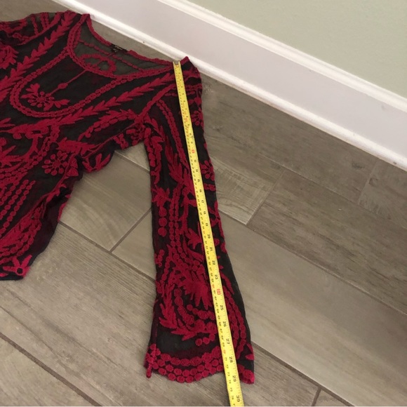 Gorgeous Deep red and Black sheer Lace long sleeved top EC - Picture 11 of 12